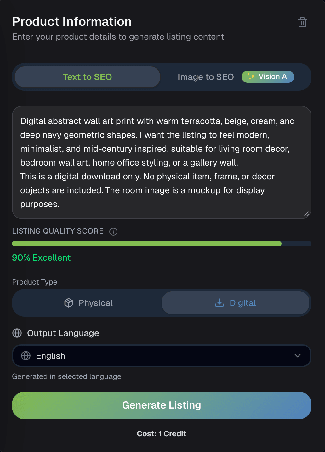 ValorixAI text input screen for starting from product details