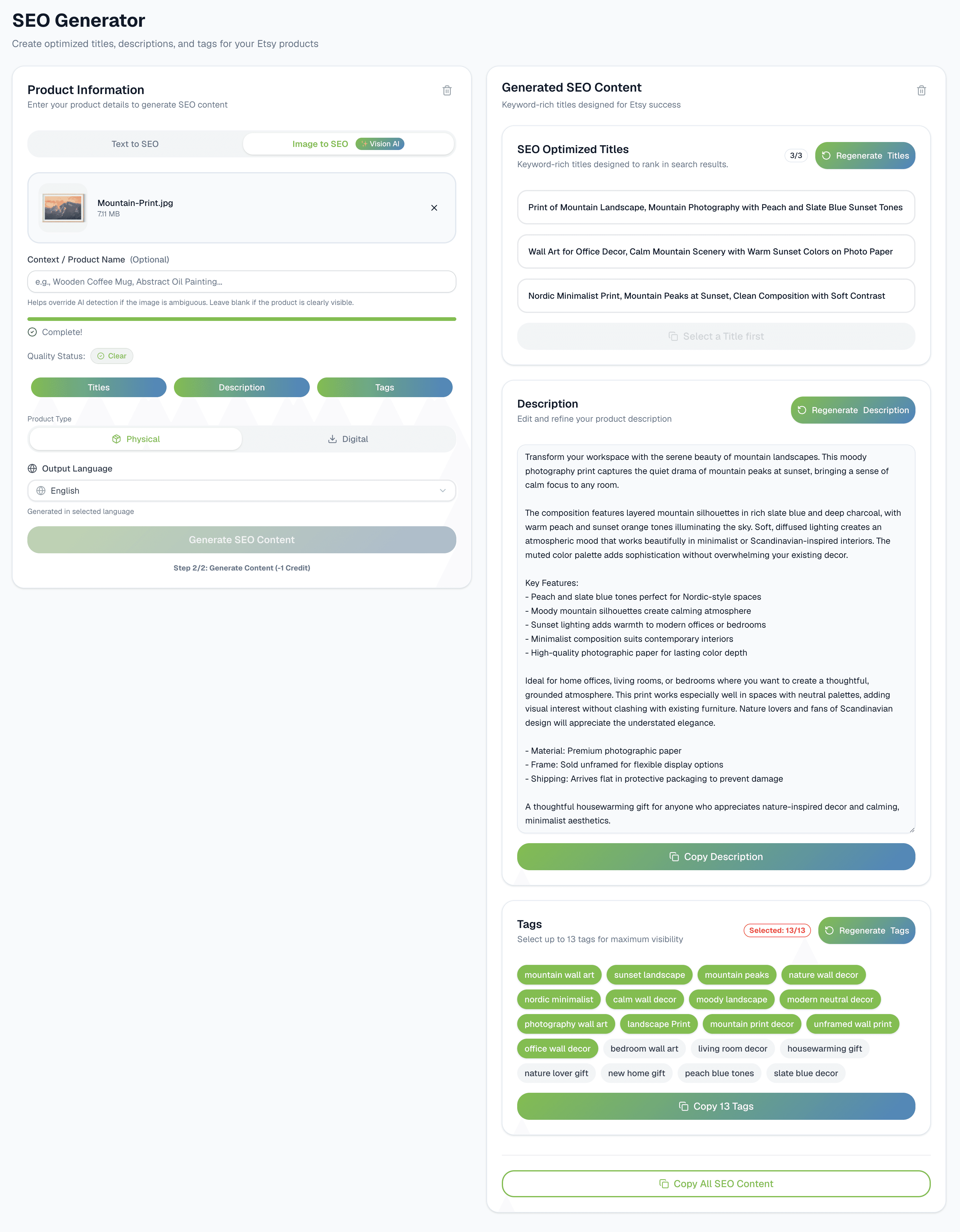 ValorixAI Dashboard Interface - Generazione SEO Etsy automatica